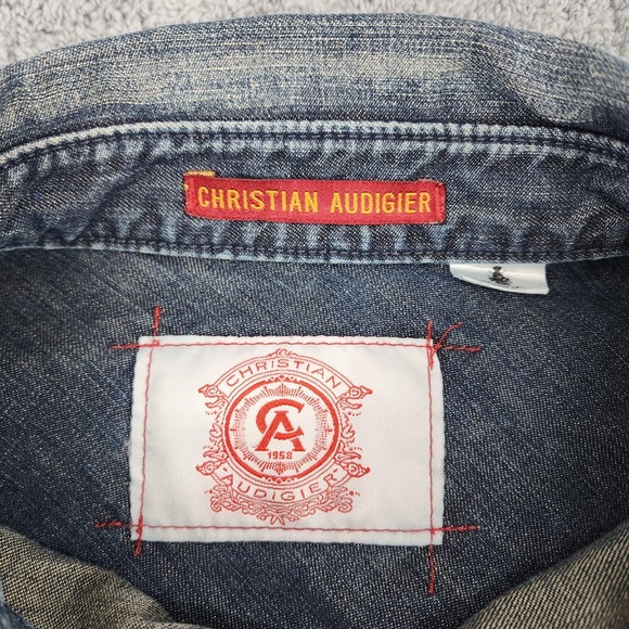 Christian Audigier Denim Shirt Men's XL Blue Med Wash Western Pearl Snap Pockets - Picture 4 of 10